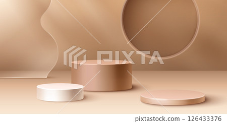 Beige cylindrical podiums in varying heights Beige cylindrical podiums in varying heights 126433376
