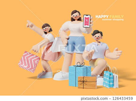 Happy family with smartphone discount coupons and shopping bags with gifts 126433459
