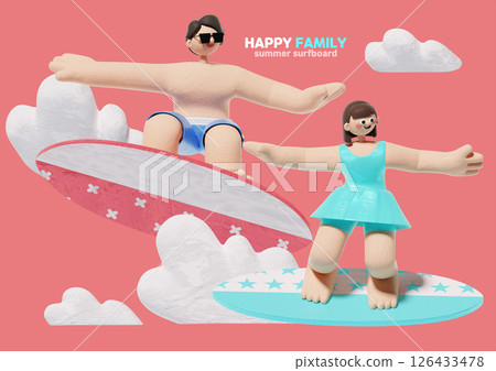 Happy family riding a surfboard 126433478