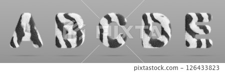 Zebra fluffy font letters A, B, C, D, E with african wild animal skin print. English alphabet for kids with fur striped pattern and white black hairy texture, isolated render icon set. 3D illustration Zebra fluffy font letters A, B, C, D, E with african wild animal skin print. English alphabet for kids with fur striped pattern and white black hairy texture, isolated render icon set. 3D illustration 126433823