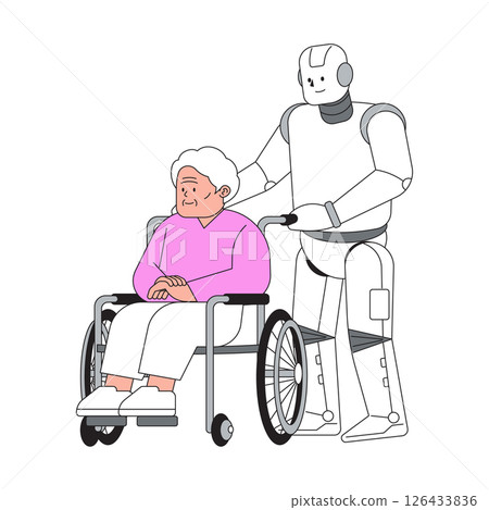 Elderly woman receiving assistance from a robotic caregiver in a modern healthcare environment Elderly woman receiving assistance from a robotic caregiver in a modern healthcare environment 126433836