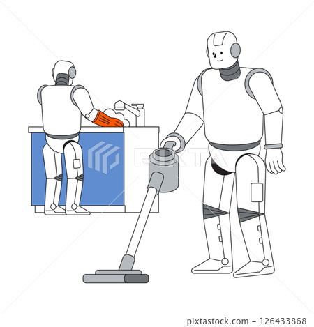 Robots participating in cleaning and kitchen tasks in a modern home during the day Robots participating in cleaning and kitchen tasks in a modern home during the day 126433868