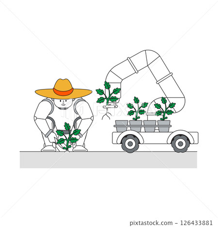 Humanoid robot taking care of plants with innovative gardening techniques 126433881