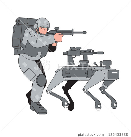Soldiers using robotic dog companions for tactical support in modern military operations 126433888