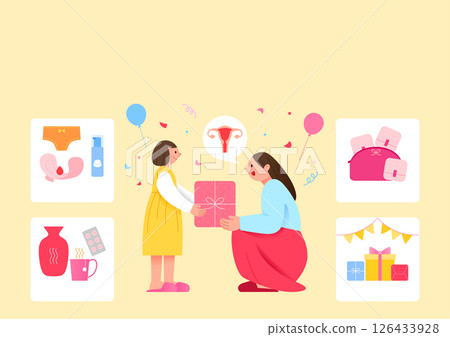 Mother giving a gift to her daughter who started her period Mother giving a gift to her daughter who started her period 126433928