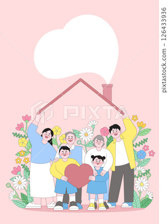 Family gathered in a happy home with flowers and hearts Family gathered in a happy home with flowers and hearts 126433936