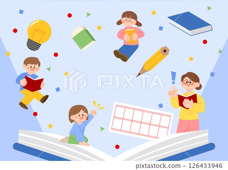 Illustration of a children's reading class showing children who love books 126433946