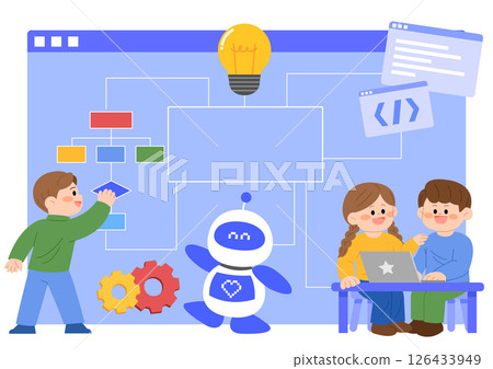 Children participating in creative coding lessons with robots in a digital learning environment 126433949