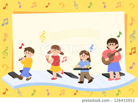 Children playing musical instruments and participating in music classes 126433952