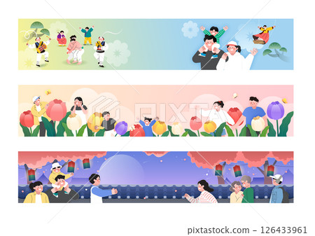 Banners for folk games, flower festivals, and night opening events held in spring 126433961