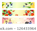 A banner showing fresh fruit and a banner showing people outing under cherry blossoms 126433964