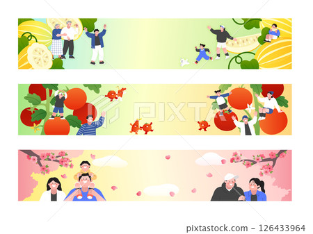 A banner showing fresh fruit and a banner showing people outing under cherry blossoms A banner showing fresh fruit and a banner showing people outing under cherry blossoms 126433964