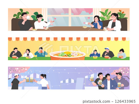 A festival banner showing people spending time in a cafe and enjoying ramen and beer 126433965
