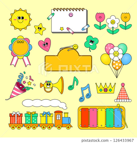 A collection of fun Children's Day icons showing a sketchbook, xylophone, toy train, etc. A collection of fun Children's Day icons showing a sketchbook, xylophone, toy train, etc. 126433967