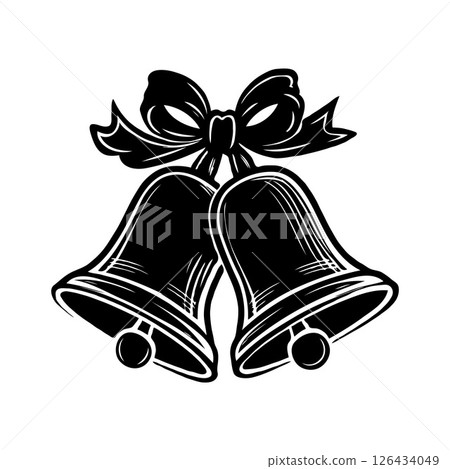 Two festive Christmas bells tied with a ribbon, hand-drawn sketch style, on a white background, symbolizing holiday celebration and joy Two festive Christmas bells tied with a ribbon, hand-drawn sketch style, on a white background, symbolizing holiday celebration and joy 126434049