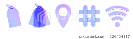 3d glass holographic transparent ui icons. Gradient price tag, map pin, wifi, hashtag symbol, isolated render set. Digital marketing, business advertising in internet and social media. 3D illustration 3d glass holographic transparent ui icons. Gradient price tag, map pin, wifi, hashtag symbol, isolated render set. Digital marketing, business advertising in internet and social media. 3D illustration 126434117
