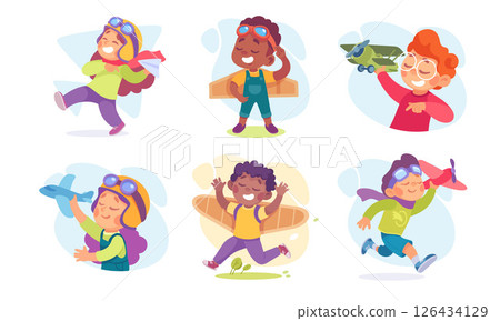 Joyful children energetically pretending to fly high in the sky with colorful airplanes and toys 126434129
