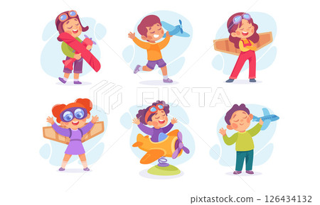 Joyful Children Eagerly Pretending to Soar Through the Air with Creative Accessories and Props 126434132