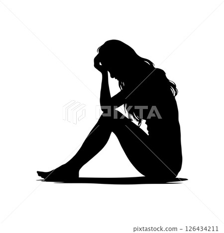 Silhouette of a sad woman sitting on the ground with head down, holding forehead, on white background. Concept of depression and loneliness 126434211