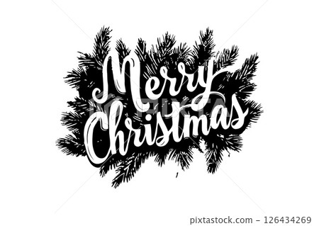 Merry Christmas is written in a black and white font on a white background. Christmas tree and other decorations. Vector illustration 126434269