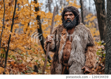 A prehistoric man, clad in a fur coat, stands in an autumnal forest, holding a wooden staff 126434439