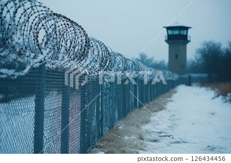 A snow-covered barbed wire fence with a watchtower in the background on a cold winter day 126434456