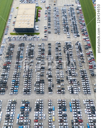 Aerial view of a storage facility for new cars Aerial view of a storage facility for new cars 126434650