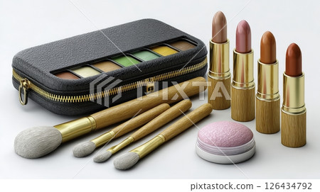 Makeup brushes, lipsticks, and eyeshadow palette arranged on a white surface for a beauty routine Makeup brushes, lipsticks, and eyeshadow palette arranged on a white surface for a beauty routine 126434792