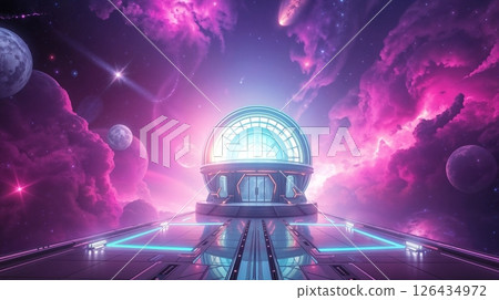 sci fi glowing architecture with vibrant clouds and cosmic background for use in fantasy environments or technology presentations 126434972