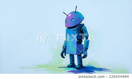stylized colorful robot with blue and purple colors and large blue eyes on light blue background for use in digital art, sci fi illustrations, or character design projects stylized colorful robot with blue and purple colors and large blue eyes on light blue background for use in digital art, sci fi illustrations, or character design projects 126434994