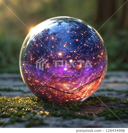 glass sphere reflecting cosmic stars and galaxies resting in natural forest setting for use in fantasy artwork, sci fi concepts, or surreal nature designs 126434996