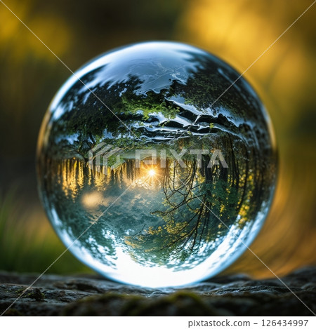 crystal ball reflecting green forest and sunlight on rocky surface for use in nature photography, fantasy art, or environmental design projects 126434997