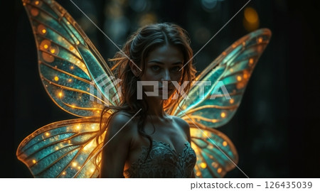 person with glowing butterfly wings and wavy hair in mystical light scene 126435039