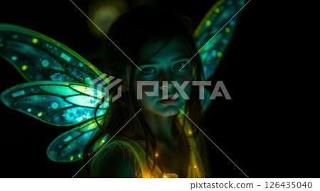person with glowing green wings and illuminated dress in dark magical fantasy atmosphere for design use 126435040