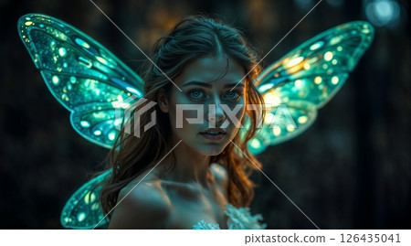 person wearing shimmering turquoise butterfly wings glowing softly in dimly lit environment for artistic projects 126435041