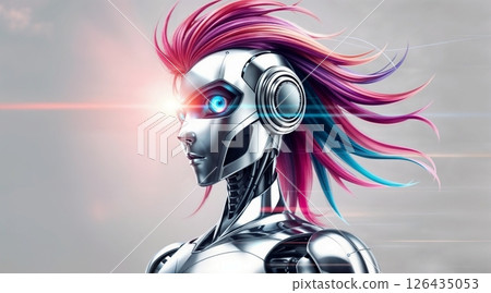 humanoid robot with sleek metallic frame colorful flowing pink red and blue hair illuminated face futuristic striking appearance for use in sci fi technology and digital art projects 126435053