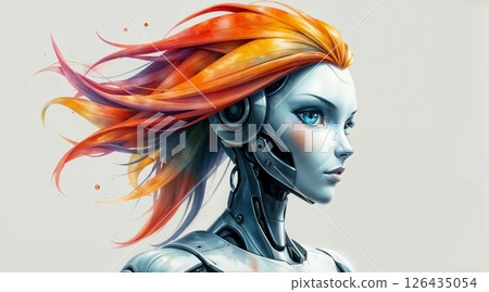 digital illustration of humanoid robot with striking red and orange flowing hair and serene expression for use in futuristic and sci fi concepts 126435054