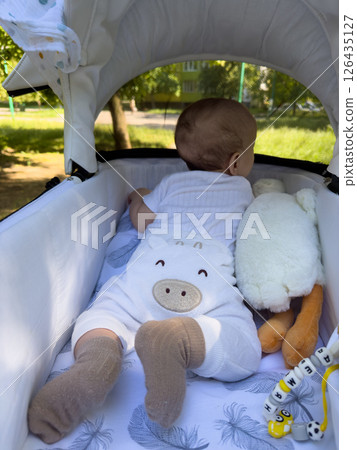 Baby in Stroller with Soft Toys in Nature Baby in Stroller with Soft Toys in Nature 126435127