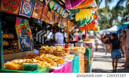 Festival food stalls with bright colors, offering everything from tacos to pastries.. 126435167