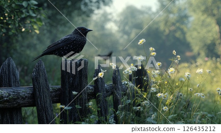 Blackbird on fence, realistic, cinematic light, sharp focus. 126435212
