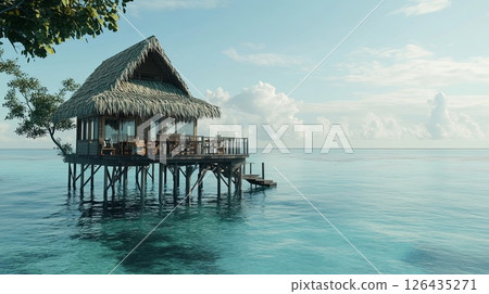 Cozy cafe perched on stilts over the water, with clear views of the ocean.. Cozy cafe perched on stilts over the water, with clear views of the ocean.. 126435271