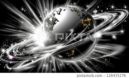 Planet Earth surrounded by Saturn's rings and bright cosmic elements in a vibrant space setting 126435276