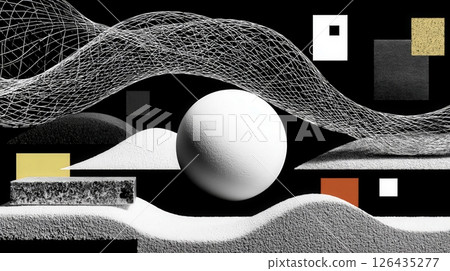 Abstract composition with geometric shapes and textures in black background featuring a prominent white sphere and dynamic lines Abstract composition with geometric shapes and textures in black background featuring a prominent white sphere and dynamic lines 126435277