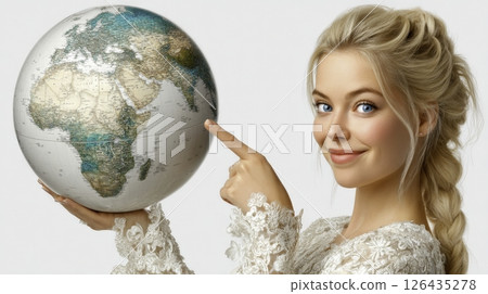 Woman pointing at globe while wearing elegant dress in bright studio setting with focus on continents Woman pointing at globe while wearing elegant dress in bright studio setting with focus on continents 126435278