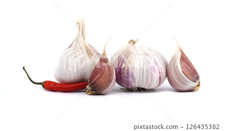 Fresh Garlic and Red Chili Pepper In Artistic Arrangement 126435382