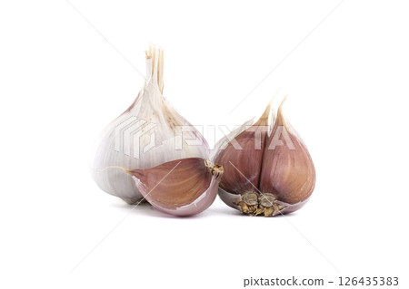 Fresh Garlic Bulbs and Cloves on a White Background 126435383