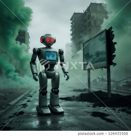 glowing eyed robot standing in smog filled street with ruined billboard for use in futuristic pollution themed projects and post apocalyptic visuals 126435508