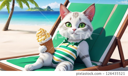 white cat in striped swimsuit lounging on green chair with ice cream and beach background for use in summer fun, vacation-themed, or pet illustration projects 126435521