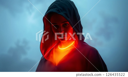 mysterious virtual persona silhouette in neon noir with cosmic allure and dramatic atmosphere for use in digital art, cyberpunk, or futuristic mystery projects 126435522