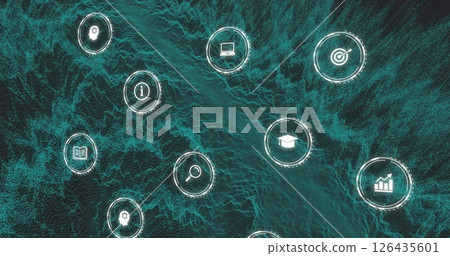 Image of business icons over shapes moving 126435601